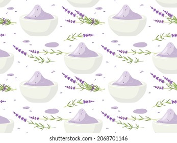 Seamless pattern with bowl of lavender bath salt and fresh lavender flowers. Sea salt vector isolated. Wellness, massage, spa salon wallpaper, textile, wrapping paper, cover design in pastel colors.