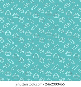 Seamless pattern with a bowl, paw, house, fish. Doodle vector outline illustration.