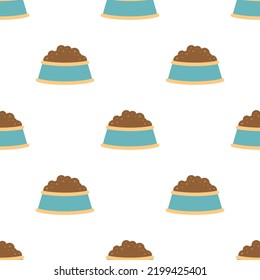 seamless pattern of bowl for pets, food for cat or dog, cute wallpaper with plate for domestic animals