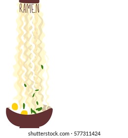 Seamless pattern with bowl of ramen noodle waves with eggs. Hand drown lettering. Can be used for flyers, banners, invitations, cafe and restaurant menu