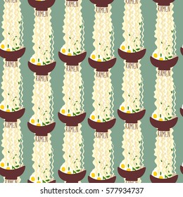 Seamless pattern with bowl of ramen noodle waves with eggs. Hand drown lettering. Can be used for flyers, banners, invitations, cafe and restaurant menu