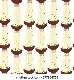 Seamless pattern with bowl of ramen noodle waves with eggs. Hand drown lettering. Can be used for flyers, banners, invitations, cafe and restaurant menu