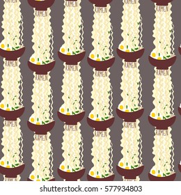 Seamless pattern with bowl of ramen noodle waves with eggs. Hand drown lettering. Can be used for flyers, banners, invitations, cafe and restaurant menu