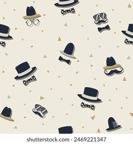 seamless pattern of bowler hat, top hat, mustache, bow tie, round glasses on a light beige background for Father's Day decorate, vintage theme 