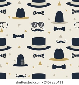 seamless pattern of bowler hat, top hat, mustache, bow tie, round glasses on a light beige background for Father's Day decorate, vintage theme