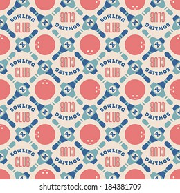 Seamless pattern of bowling balls and ninepins. Editable vector illustration.