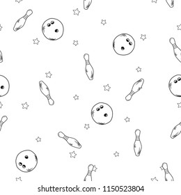 Seamless pattern bowling doodles hand drawn Line icons with stars on white Background.printing wallpaper.vector illustration