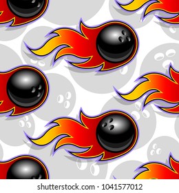 Seamless pattern with bowling icons and flames. Vector illustration. Ideal for wallpaper, wrapper, packaging, fabric design and any kind of decoration.