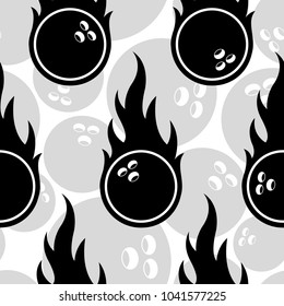 Seamless pattern with bowling icons and flames. Vector illustration. Ideal for wallpaper, wrapper, packaging, fabric design and any kind of decoration.