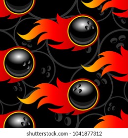 Seamless pattern with bowling icons and flames. Vector illustration. Ideal for wallpaper, wrapper, packaging, fabric design and any kind of decoration.