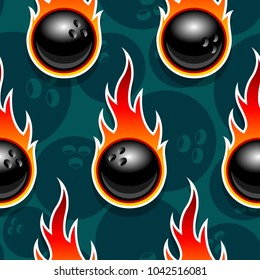 Seamless pattern with bowling icons and flames. Vector illustration. Ideal for wallpaper, wrapper, packaging, fabric design and any kind of decoration.