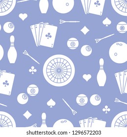 Seamless pattern with bowling pins and bowls, target and arrows for darts, playing cards, billiard balls. Sports background. Design for banner, poster or print.