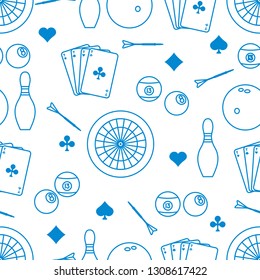 Seamless pattern with bowling pins and bowls, target and arrows for darts, playing cards, billiard balls. Sports background. Design for banner, poster or print.