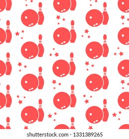 Seamless pattern with bowling pins and bowls. Sports theme. Games, hobbies, entertainment. Design for banner, poster or print.