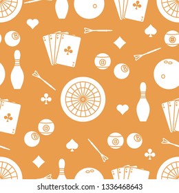 Seamless pattern with bowling pins and bowls, target and arrows for darts, playing cards, billiard balls. Sports background. Design for banner, poster or print.