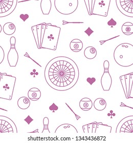 Seamless pattern with bowling pins and bowls, target and arrows for darts, playing cards, billiard balls. Sports background. Design for banner, poster or print.