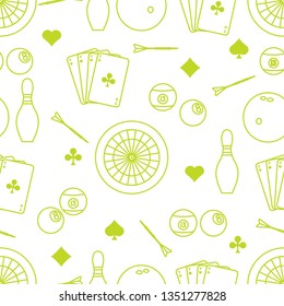 Seamless pattern with bowling pins and bowls, target and arrows for darts, playing cards, billiard balls. Sports background. Design for banner, poster or print.