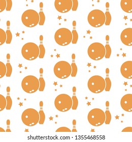 Seamless pattern with bowling pins and bowls. Sports theme. Games, hobbies, entertainment. Design for banner, poster or print.