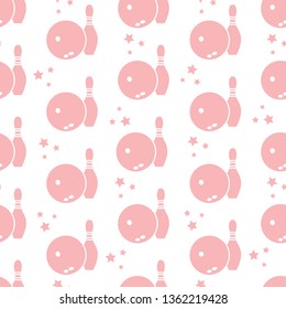 Seamless pattern with bowling pins and bowls. Sports theme. Games, hobbies, entertainment. Design for banner, poster or print.