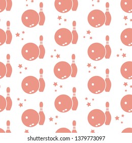 Seamless pattern with bowling pins and bowls. Sports theme. Games, hobbies, entertainment. Design for banner, poster or print.