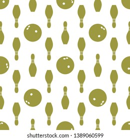 Seamless pattern with bowling pins and bowls. Sports theme. Games, hobbies, entertainment. Design for banner, poster or print.