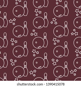 Seamless pattern with bowling pins and bowls. Sports theme. Games, hobbies, entertainment. Design for banner, poster or print.