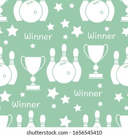 Seamless pattern with bowling pins and bowls, winner cup. Sports theme. Bowling Club Center Game, hobby, entertainment. Design for wrapping, fabric or print.
