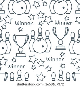 Seamless pattern with bowling pins and bowls, winner cup. Sports theme. Bowling Club Center Game, hobby, entertainment. Design for wrapping, fabric or print.