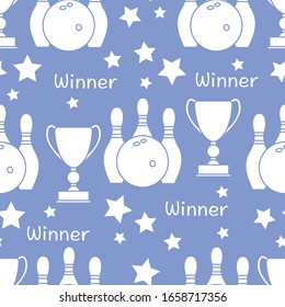 Seamless pattern with bowling pins and bowls, winner cup. Sports theme. Bowling Club Center Game, hobby, entertainment. Design for wrapping, fabric or print.