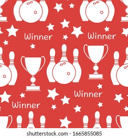 Seamless pattern with bowling pins and bowls, winner cup. Sports theme. Bowling Club Center Game, hobby, entertainment. Design for wrapping, fabric or print.