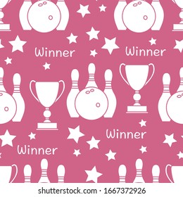Seamless pattern with bowling pins and bowls, winner cup. Sports theme. Bowling Club Center Game, hobby, entertainment. Design for wrapping, fabric or print.