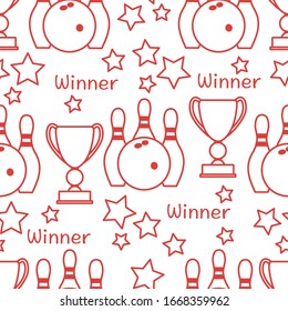 Seamless pattern with bowling pins and bowls, winner cup. Sports theme. Bowling Club Center Game, hobby, entertainment. Design for wrapping, fabric or print.