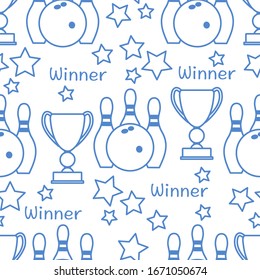 Seamless pattern with bowling pins and bowls, winner cup. Sports theme. Bowling Club Center Game, hobby, entertainment. Design for wrapping, fabric or print.