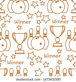 Seamless pattern with bowling pins and bowls, winner cup. Sports theme. Bowling Club Center Game, hobby, entertainment. Design for wrapping, fabric or print.
