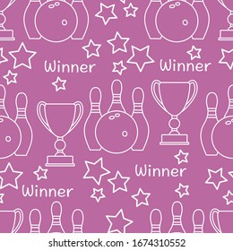 Seamless pattern with bowling pins and bowls, winner cup. Sports theme. Bowling Club Center Game, hobby, entertainment. Design for wrapping, fabric or print.