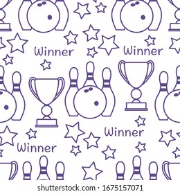Seamless pattern with bowling pins and bowls, winner cup. Sports theme. Bowling Club Center Game, hobby, entertainment. Design for wrapping, fabric or print.