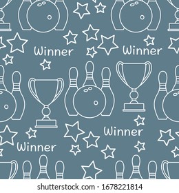 Seamless pattern with bowling pins and bowls, winner cup. Sports theme. Bowling Club Center Game, hobby, entertainment. Design for wrapping, fabric or print.