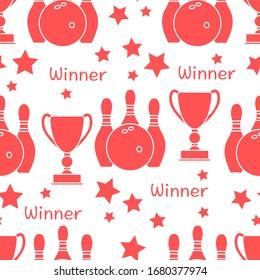 Seamless pattern with bowling pins and bowls, winner cup. Sports theme. Bowling Club Center Game, hobby, entertainment. Design for wrapping, fabric or print.