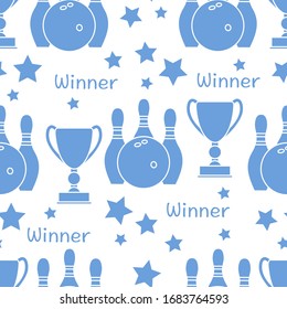 Seamless pattern with bowling pins and bowls, winner cup. Sports theme. Bowling Club Center Game, hobby, entertainment.  