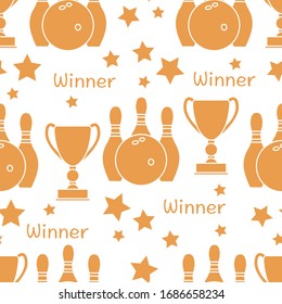 Seamless pattern with bowling pins and bowls, winner cup. Sports theme. Bowling Club Center Game, hobby, entertainment. Design for wrapping, fabric or print.