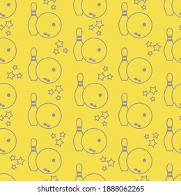 Seamless pattern with bowling pins and bowls. Sports theme. Games, hobbies, entertainment. Design for banner, poster or print. Illuminating and Ultimate Gray.