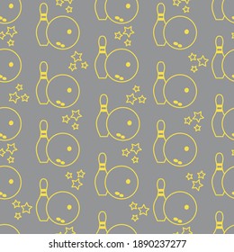 Seamless pattern with bowling pins and bowls. Sports theme. Games, hobbies, entertainment. Design for banner, poster or print. Illuminating and Ultimate Gray.