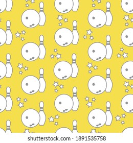 Seamless pattern with bowling pins and bowls. Sports theme. Games, hobbies, entertainment. Design for banner, poster or print. Illuminating and Ultimate Gray.