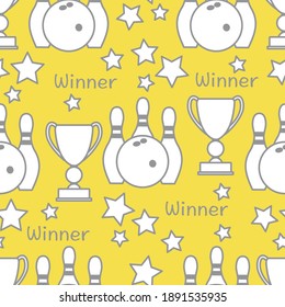 Seamless pattern with bowling pins and bowls, winner cup. Sports theme. Bowling Club Center Game, hobby, entertainment. Design for wrapping, fabric or print. Illuminating and Ultimate Gray.