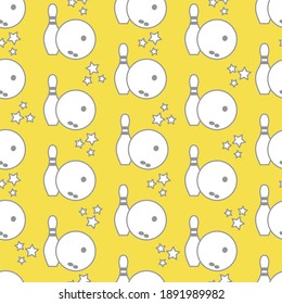 Seamless pattern with bowling pins and bowls. Sports theme. Games, hobbies, entertainment. Design for banner, poster or print. Illuminating and Ultimate Gray.