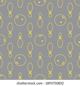 Seamless pattern with bowling pins and bowls. Sports theme. Games, hobbies, entertainment. Design for banner, poster or print. Illuminating and Ultimate Gray.