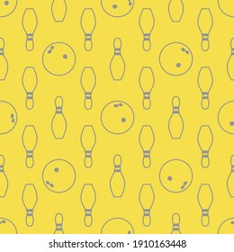 Seamless pattern with bowling pins and bowls. Sports theme. Games, hobbies, entertainment. Design for banner, poster or print. Illuminating and Ultimate Gray.