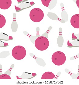 Seamless pattern with bowling shoes, pins and bowls. Sports theme. Bowling club Center Game, hobby, entertainment. Design for wrapping, fabric or print.