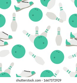 Seamless pattern with bowling shoes, pins and bowls. Sports theme. Bowling club Center Game, hobby, entertainment. Design for wrapping, fabric or print.