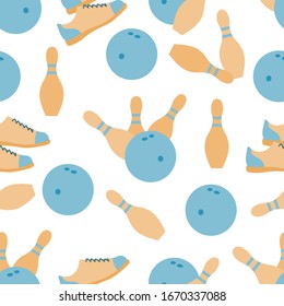 Seamless pattern with bowling shoes, pins and bowls. Sports theme. Bowling club Center Game, hobby, entertainment. Design for wrapping, fabric or print.